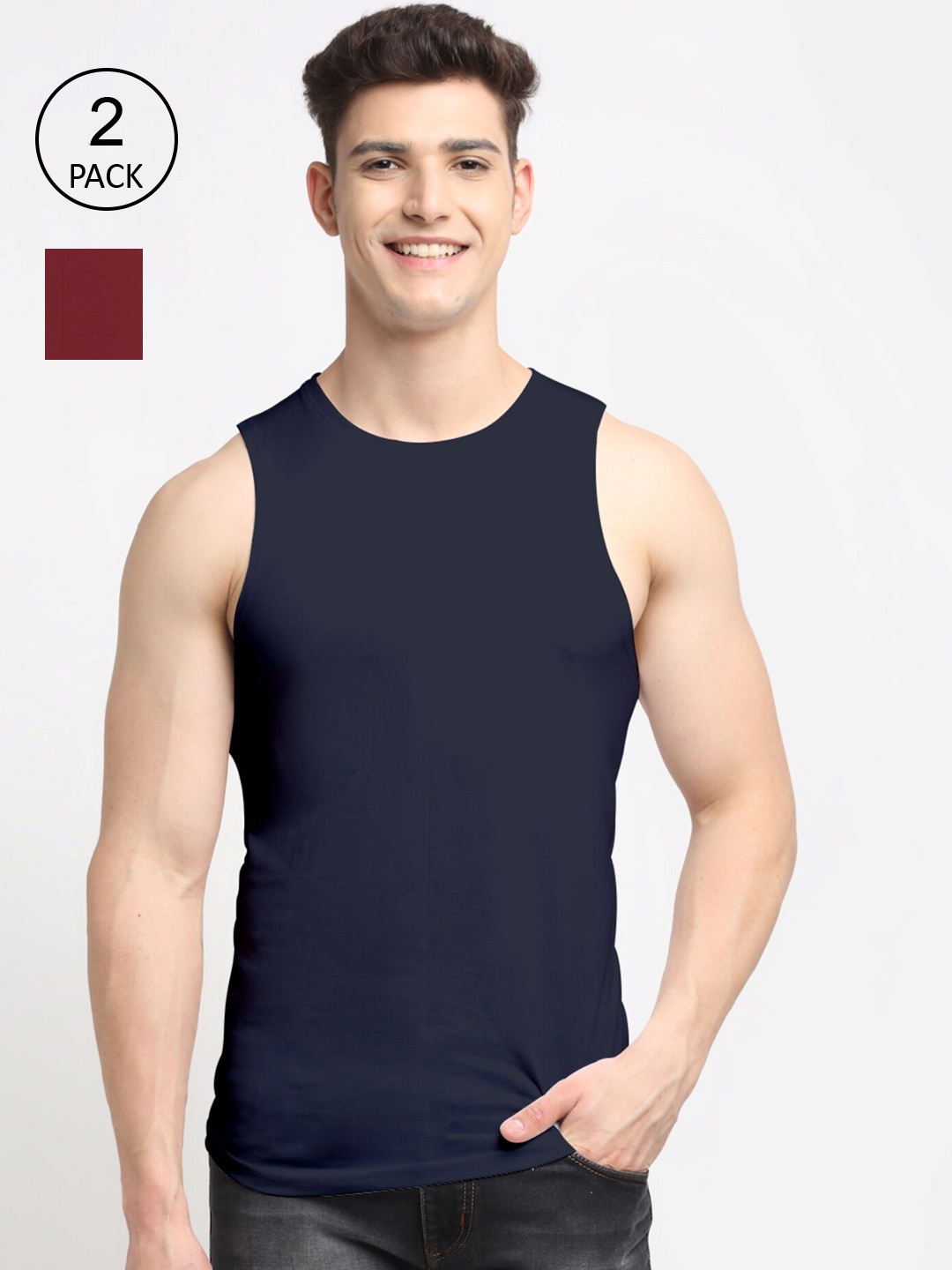 

Friskers Men Pack Of 2 Solid Pure Cotton Apple Cut Innerwear Vests, Maroon