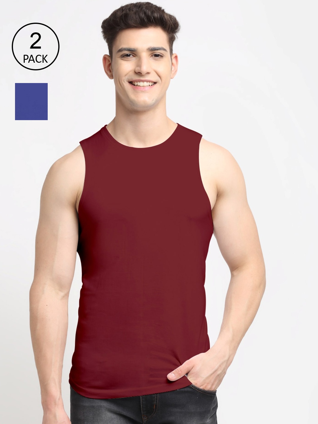 

Friskers Men Pack Of 2 Solid Pure Cotton Gym Vests, Blue