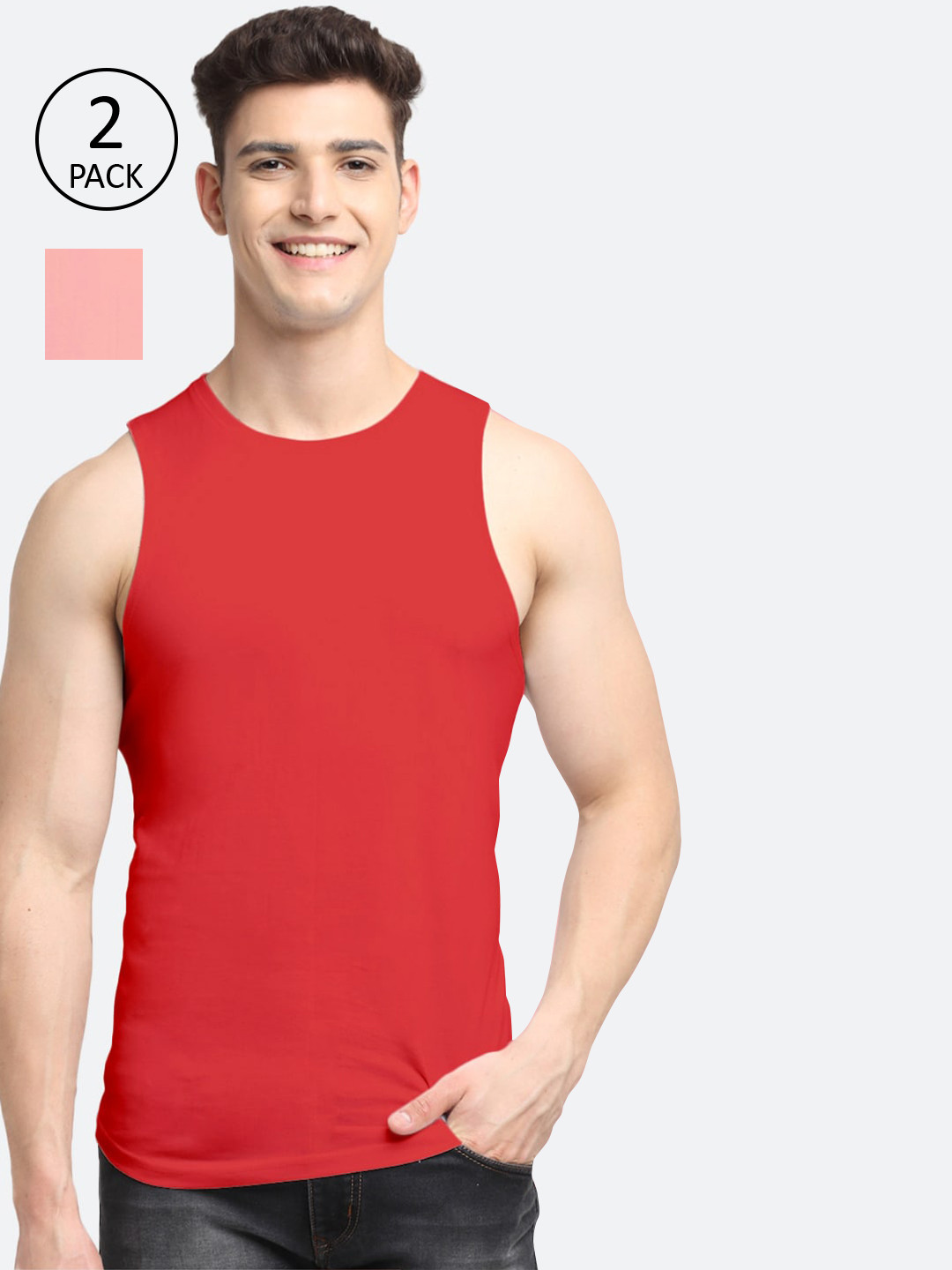 

Friskers Men Pack Of 2 Solid Cotton Innerwear Vests, Red