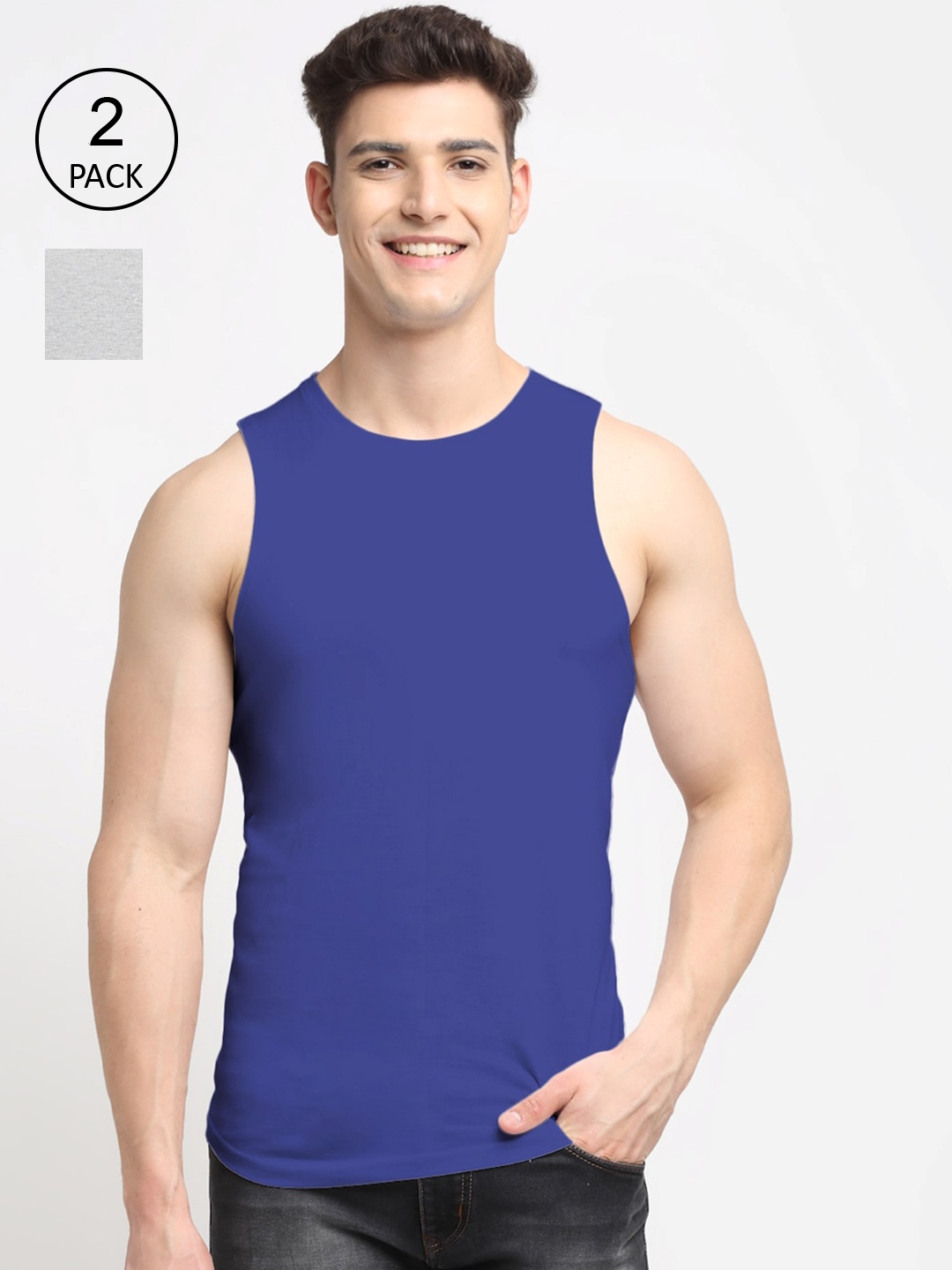 

Friskers Men Pack Of 2 Solid Pure Cotton Apple Cut Innerwear Vests, Grey