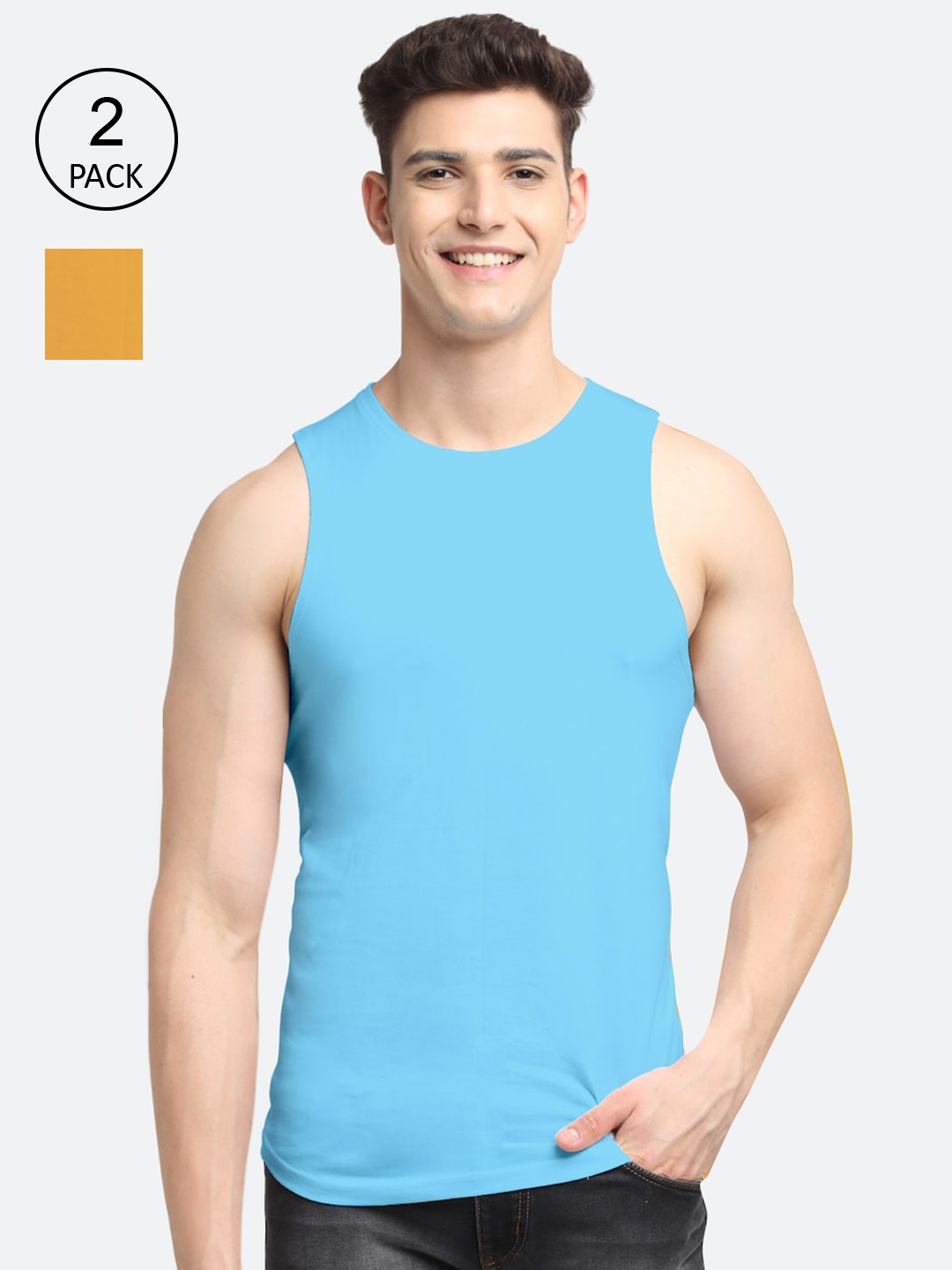 

Friskers Men Pack Of 2 Solid Pure Cotton Innerwear Vest, Turquoise blue