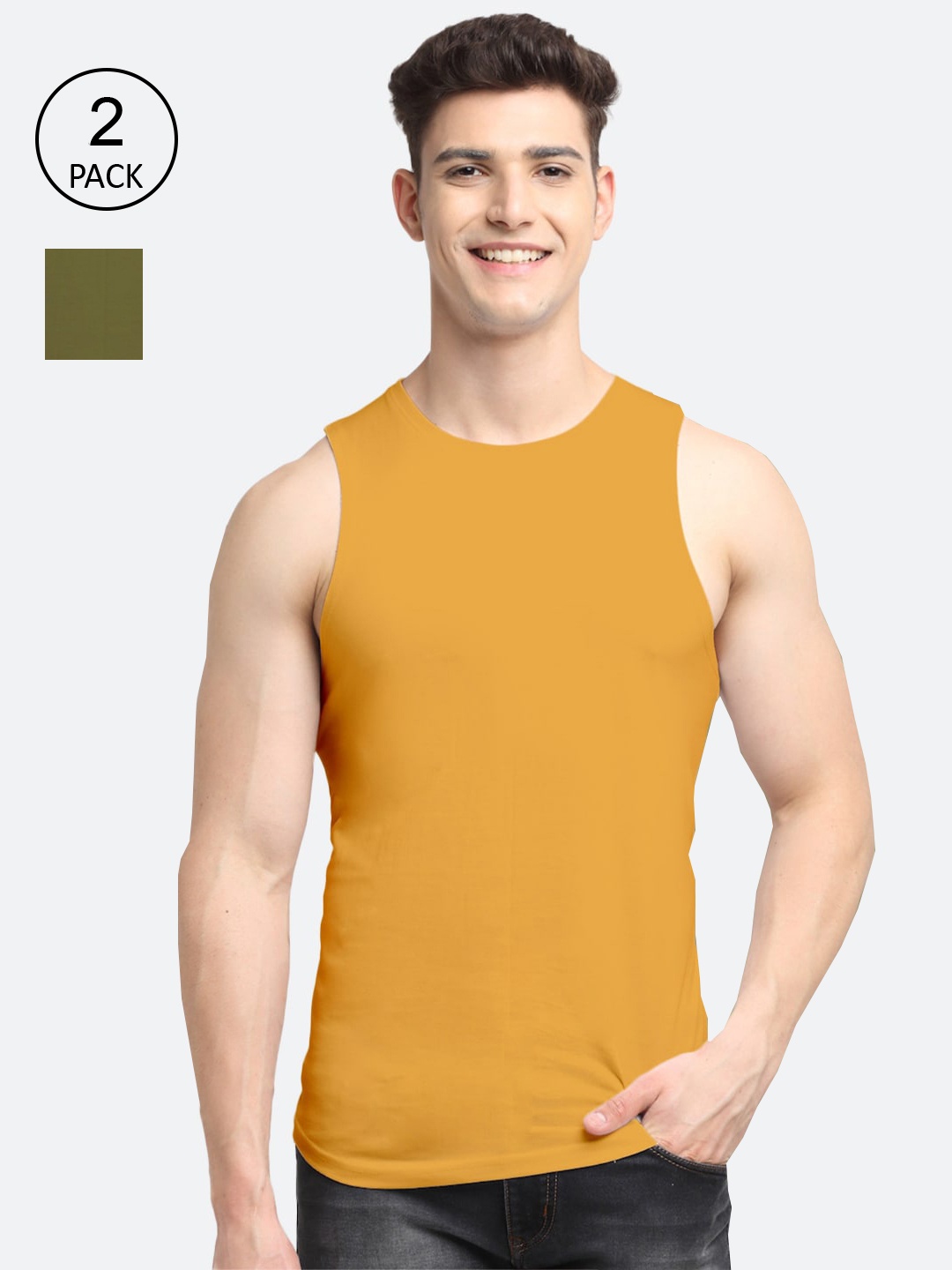 

Friskers Men Pack Of 2 Solid Pure Cotton Innerwear Gym Vests, Gold