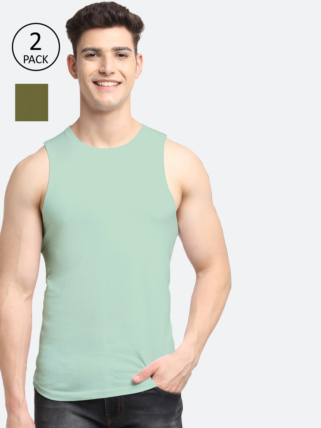 

Friskers Men Pack of 2 Solid Pure Cotton Innerwear Vest, Sea green