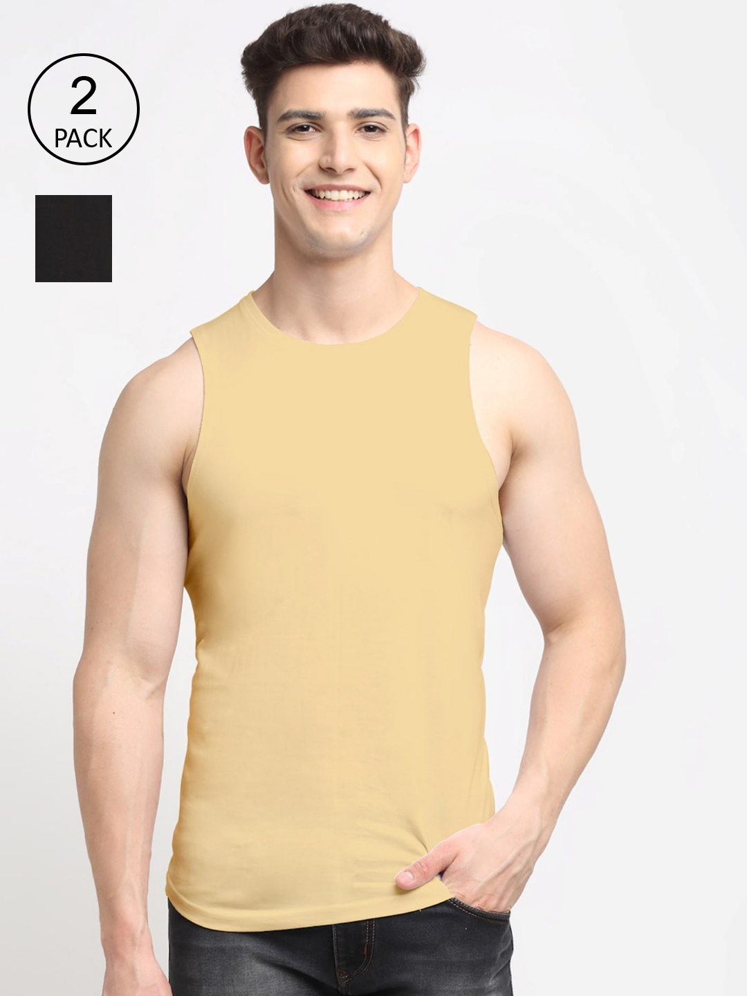 

Friskers Men Pack Of 2 Solid Pure Cotton Gym Innerwear Vest, Black