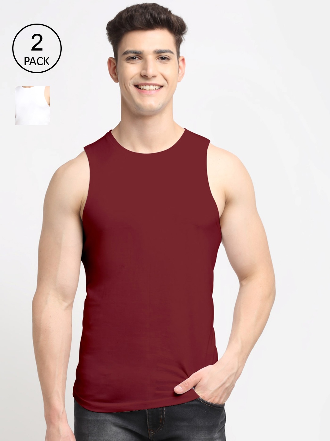 

Friskers Men Pack Of 2 Solid Pure Cotton Innerwear Vest, White
