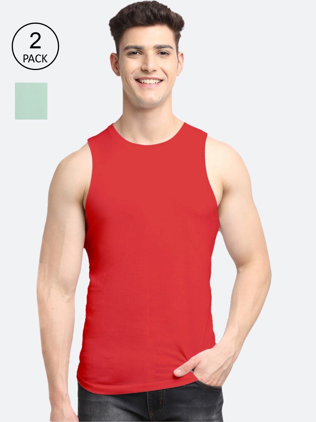 

Friskers Men Pack Of 2 Solid Pure Cotton Innerwear Gym Vests, Red