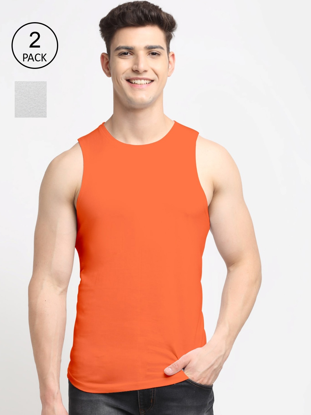 

Friskers Men Pack of 2 Solid Cotton Innerwear Vests, Grey