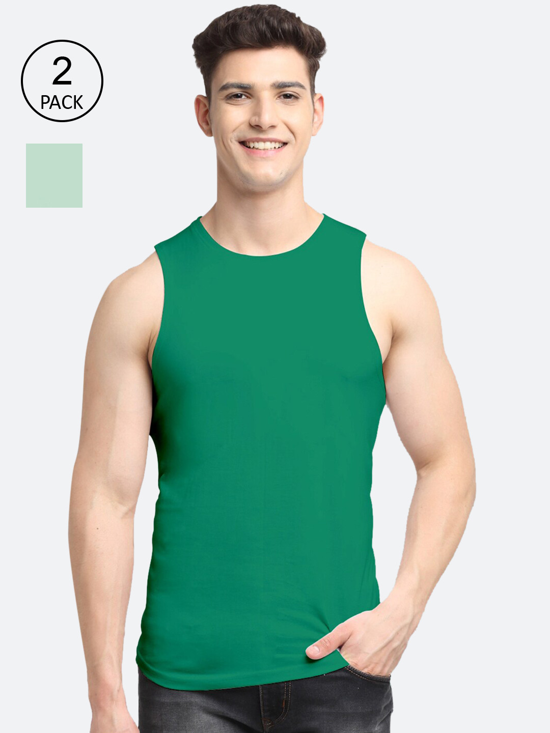 

Friskers Men Pack Of 2 Solid Pure Cotton Innerwear Vests, Green