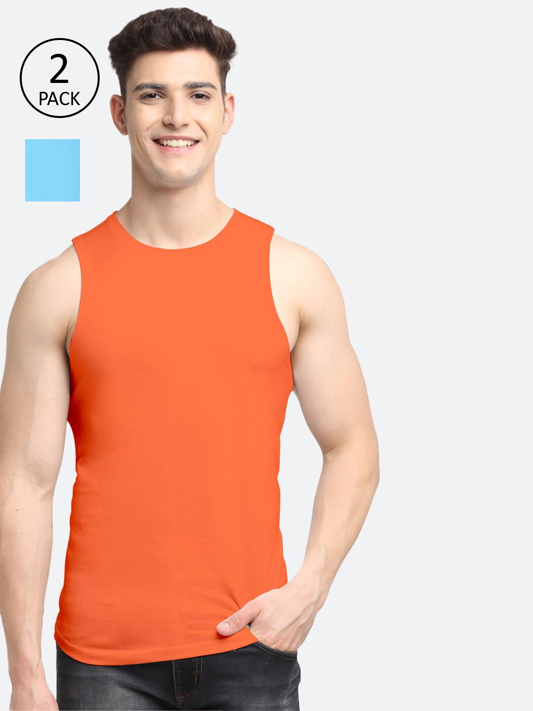 

Friskers Men Pack Of 2 Solid Pure Cotton Gym Innerwear Vest, Orange