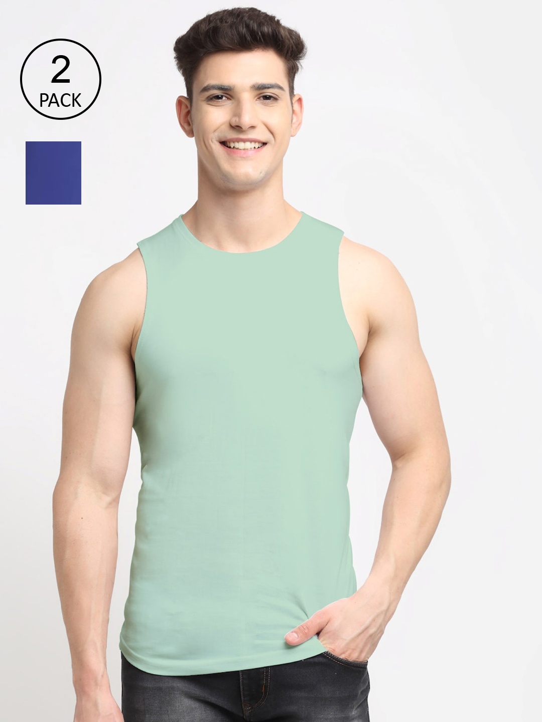 

Friskers Men Pack Of 2 Solid Pure Cotton Innerwear Gym Vests, Blue