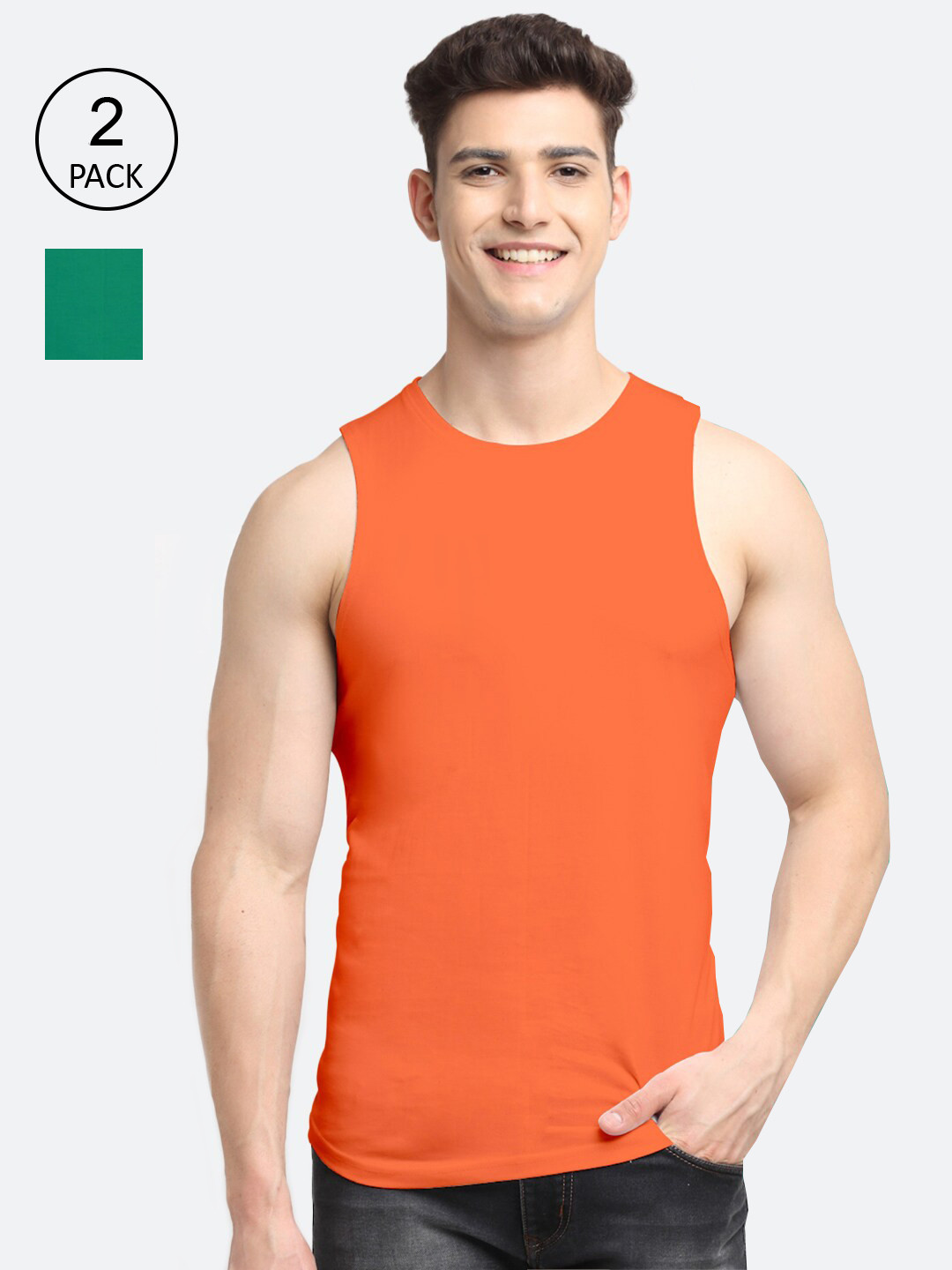 

Friskers Men Pack Of 2 Solid Pure Cotton Apple Cut Innerwear Vests, Orange