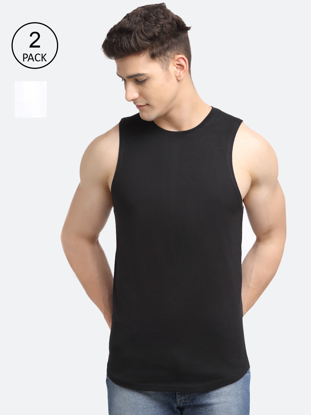 

Friskers Men Pack Of 2 Solid Pure Cotton Gym Innerwear Vest, Black