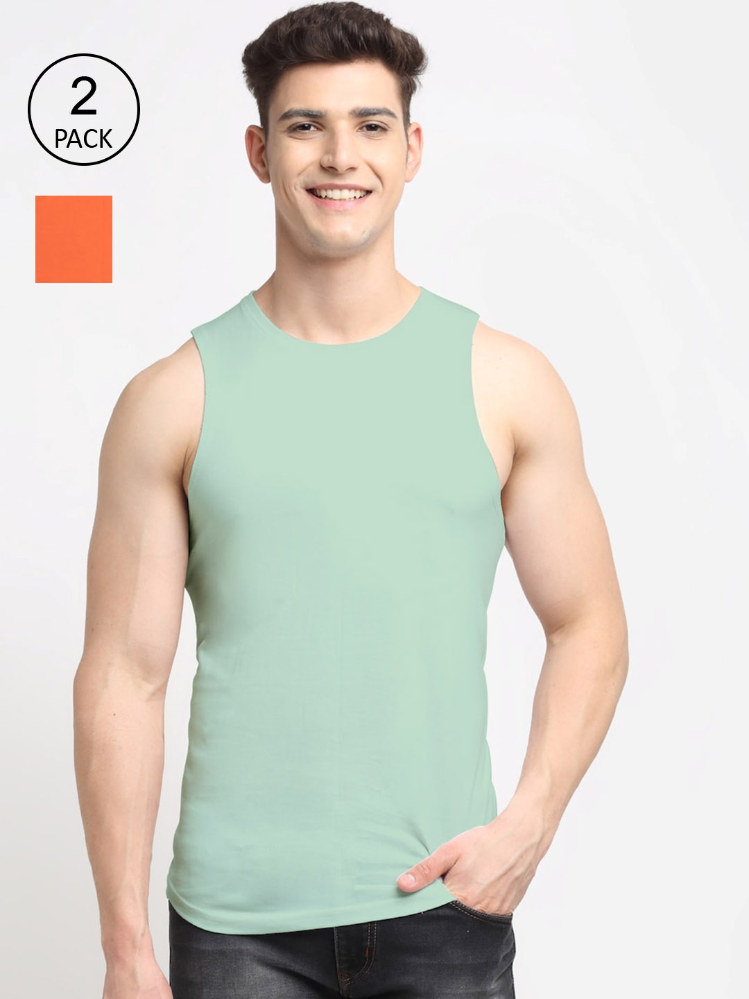 

Friskers Men Pack Of 2 Solid Pure Cotton Innerwear Vest, Orange