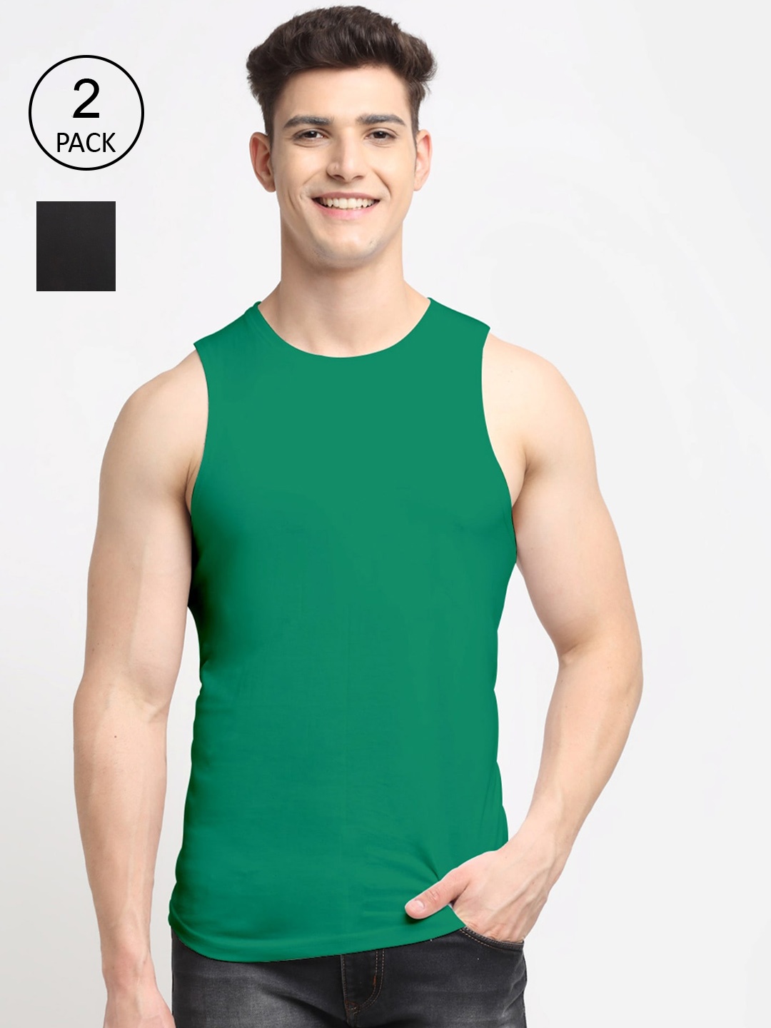 

Friskers Men Pack Of 2 Solid Pure Cotton Apple Cut Innerwear Vests, Black