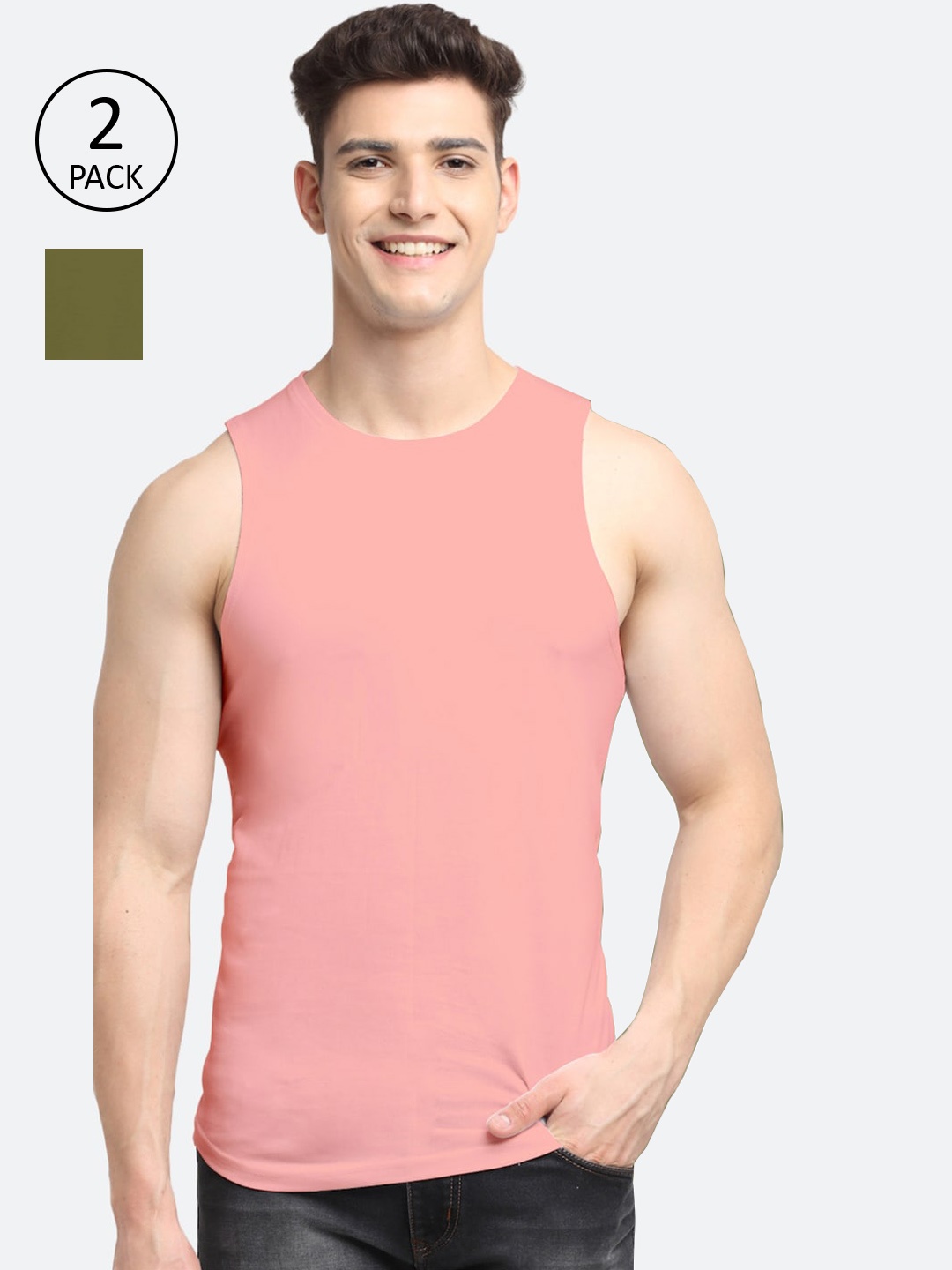 

Friskers Men Pack Of 2 Solid Pure Cotton Gym Vests, Coral