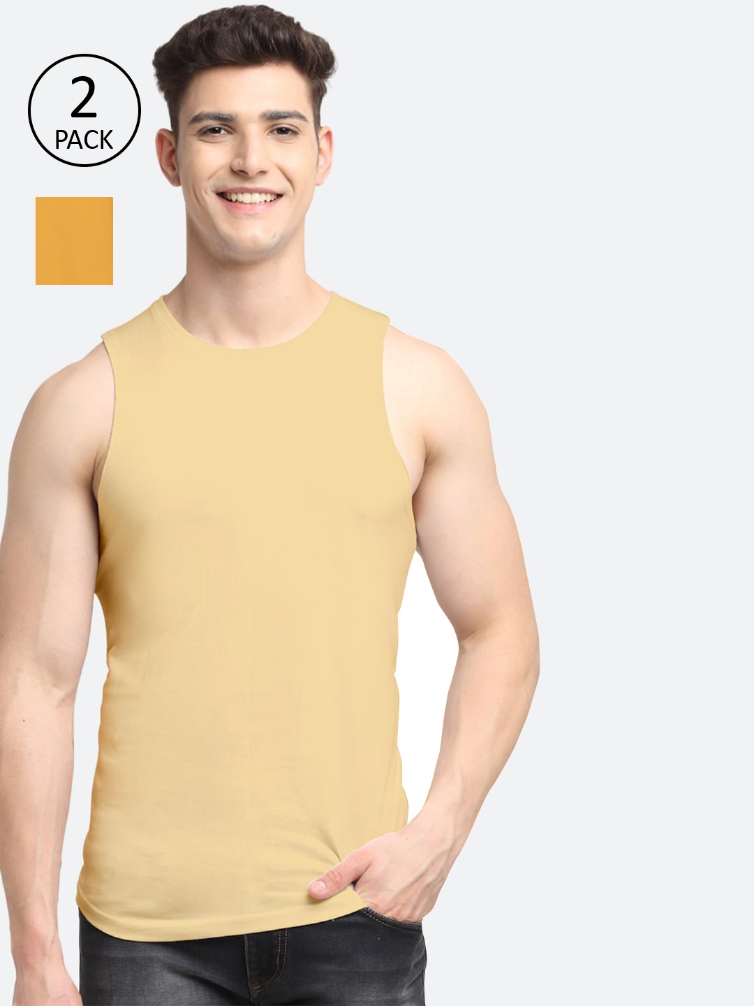 

Friskers Men Pack Of 2 Solid Pure Cotton Apple Cut Innerwear Vests, Beige