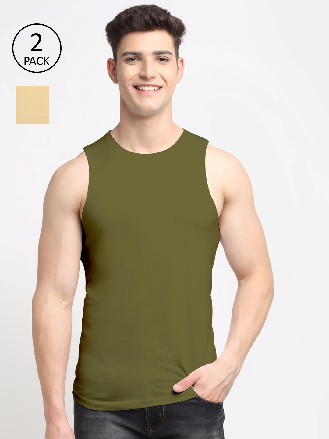 

Friskers Men Pack Of 2 Solid Cotton Innerwear Gym Vests, Beige