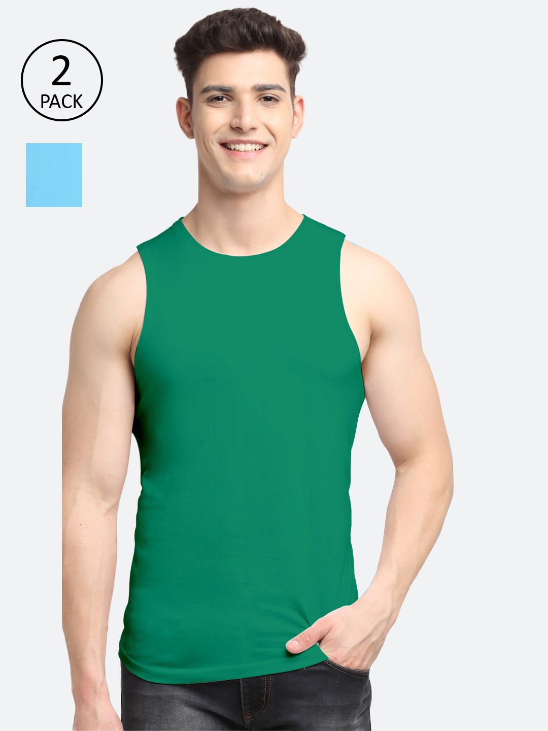 

Friskers Men Pack Of 2 Solid Pure Cotton Innerwear Vest AE-13-20-S, Green