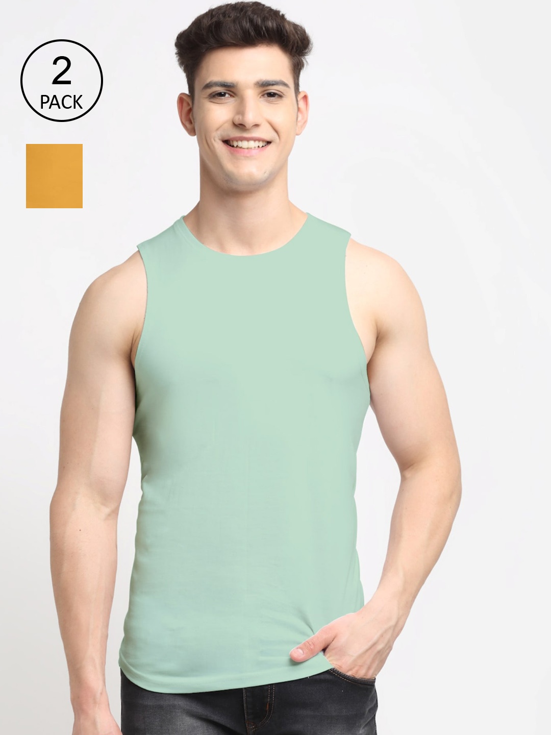 

Friskers Men Pack Of 2 Gold & Pista Solid Innerwear Vests