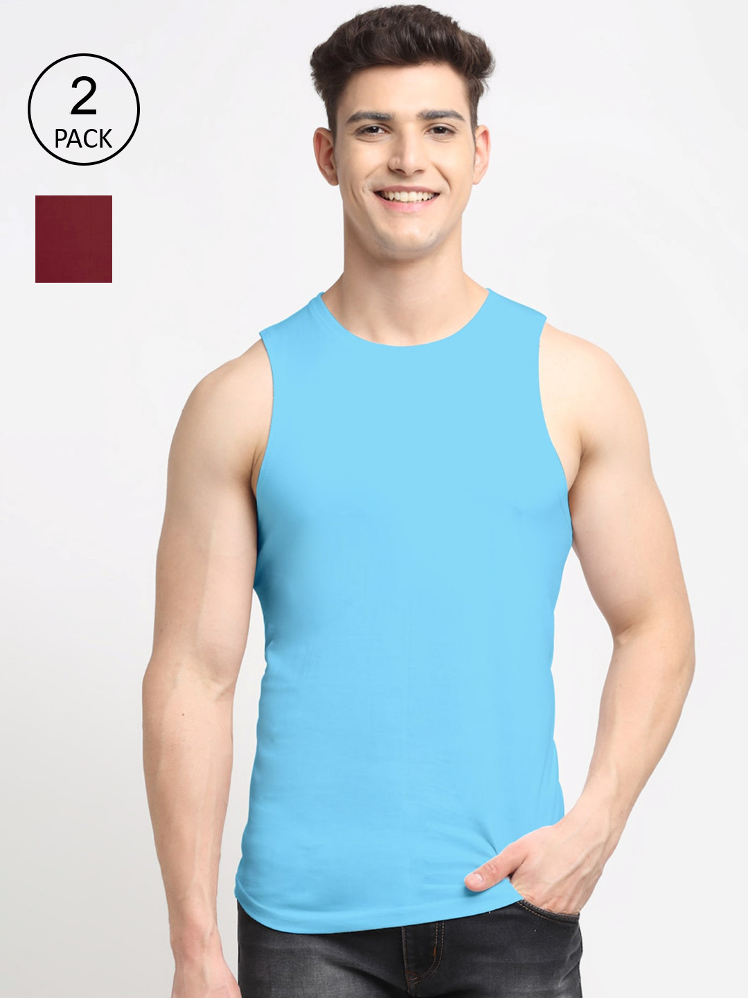 

Friskers Men Pack Of 2 Solid Pure Cotton Apple Cut Innerwear Vests, Maroon