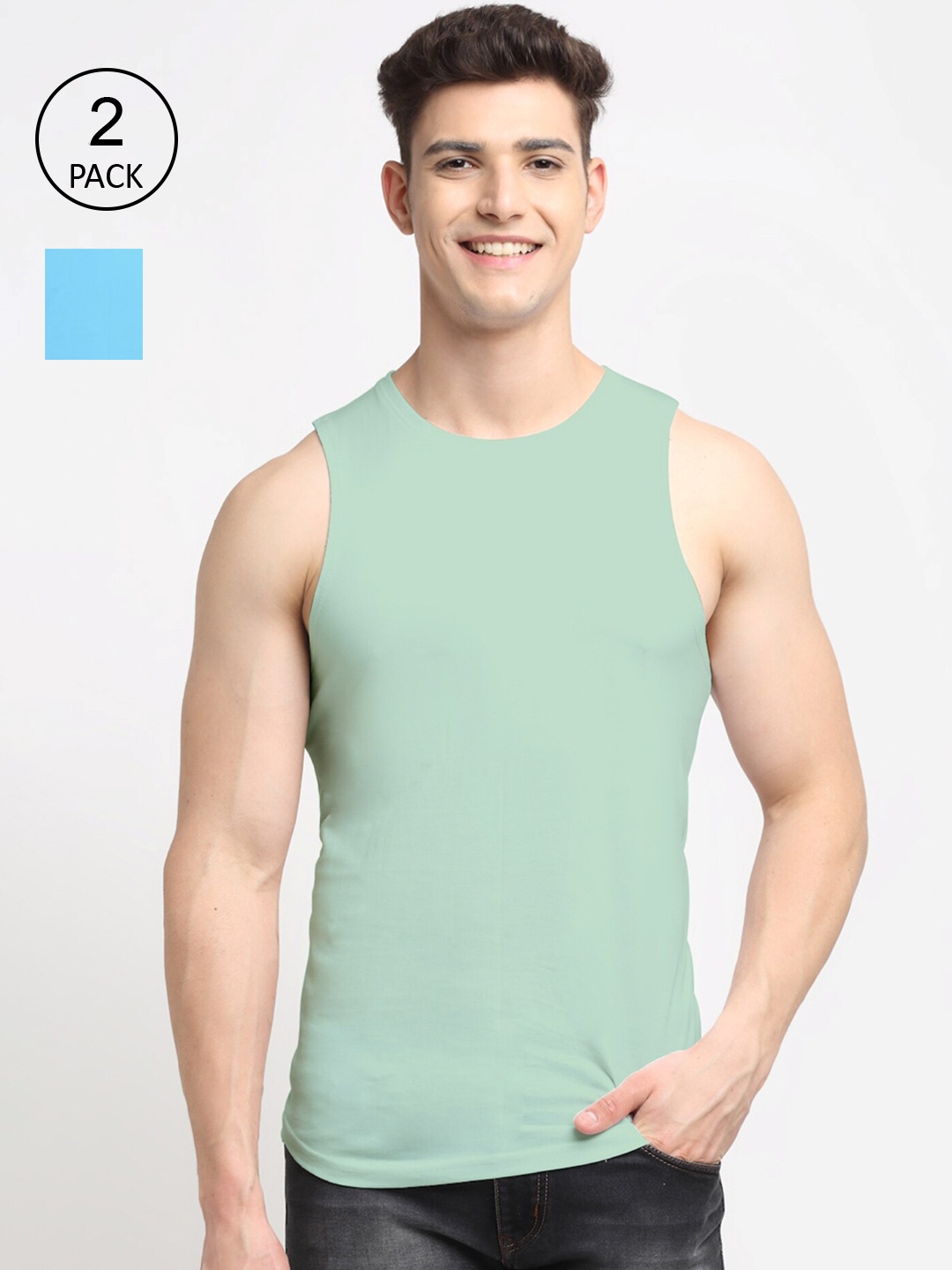 

Friskers Men Pack Of 2 Solid Pure Cotton Apple Cut Innerwear Vests, Turquoise blue