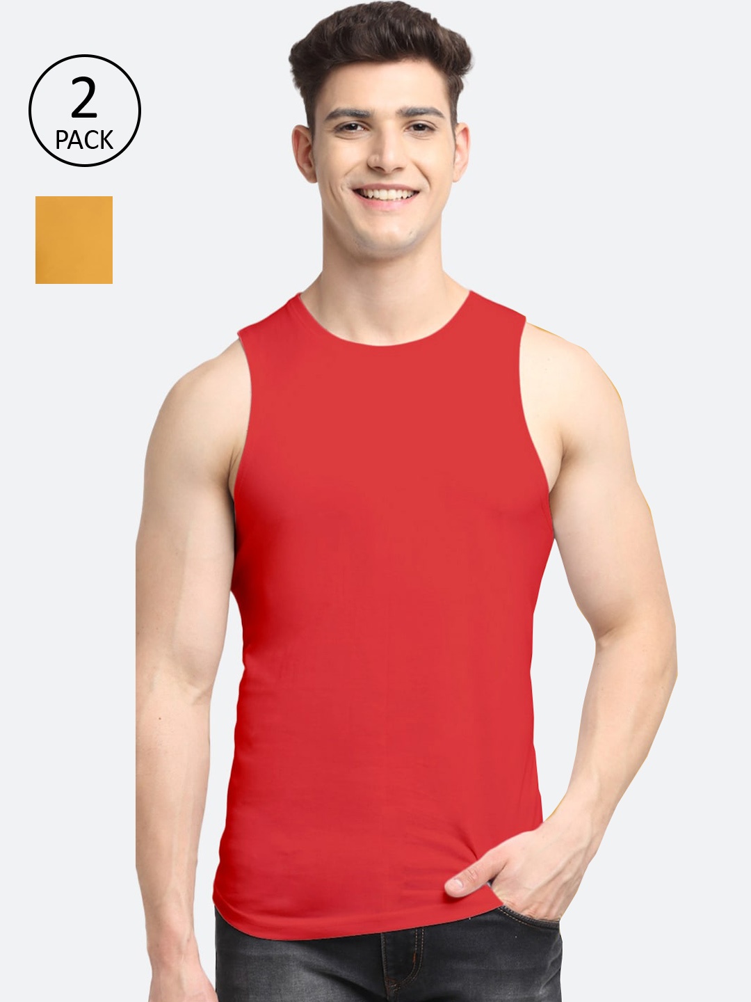 

Friskers Men Pack of 2 Solid Pure Cotton Innerwear Vest, Red
