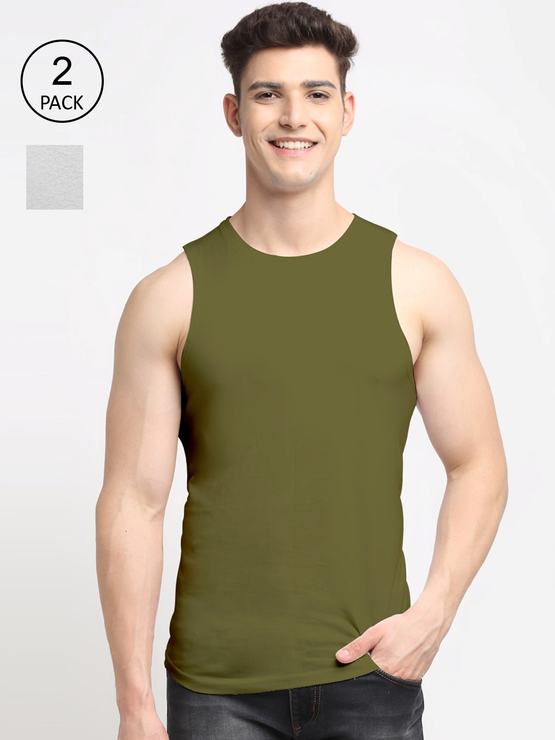 

Friskers Men Pack Of 2 Solid Pure Cotton Apple Cut Innerwear Vests, Grey