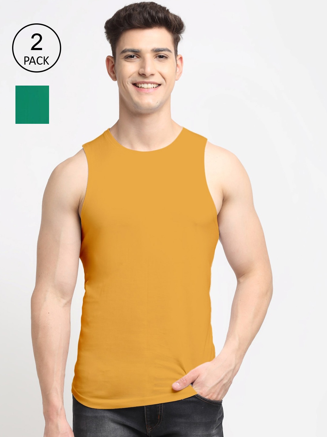 

Friskers Men Pack Of 2 Solid Pure Cotton Gym Innerwear Vest, Green