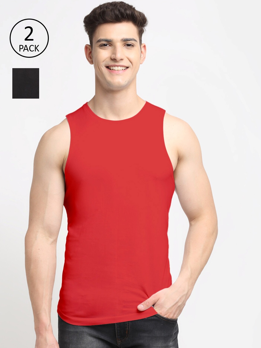 

Friskers Men Pack Of 2 Solid Pure Cotton Apple Cut Innerwear Vests, Black