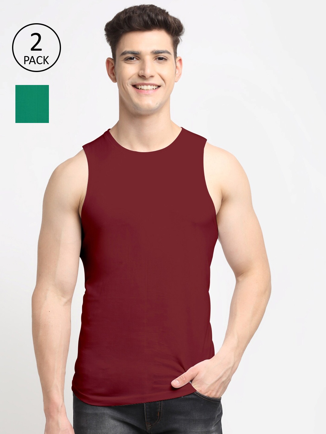

Friskers Men Pack Of 2 Solid Pure Cotton Apple Cut Innerwear Vests, Green