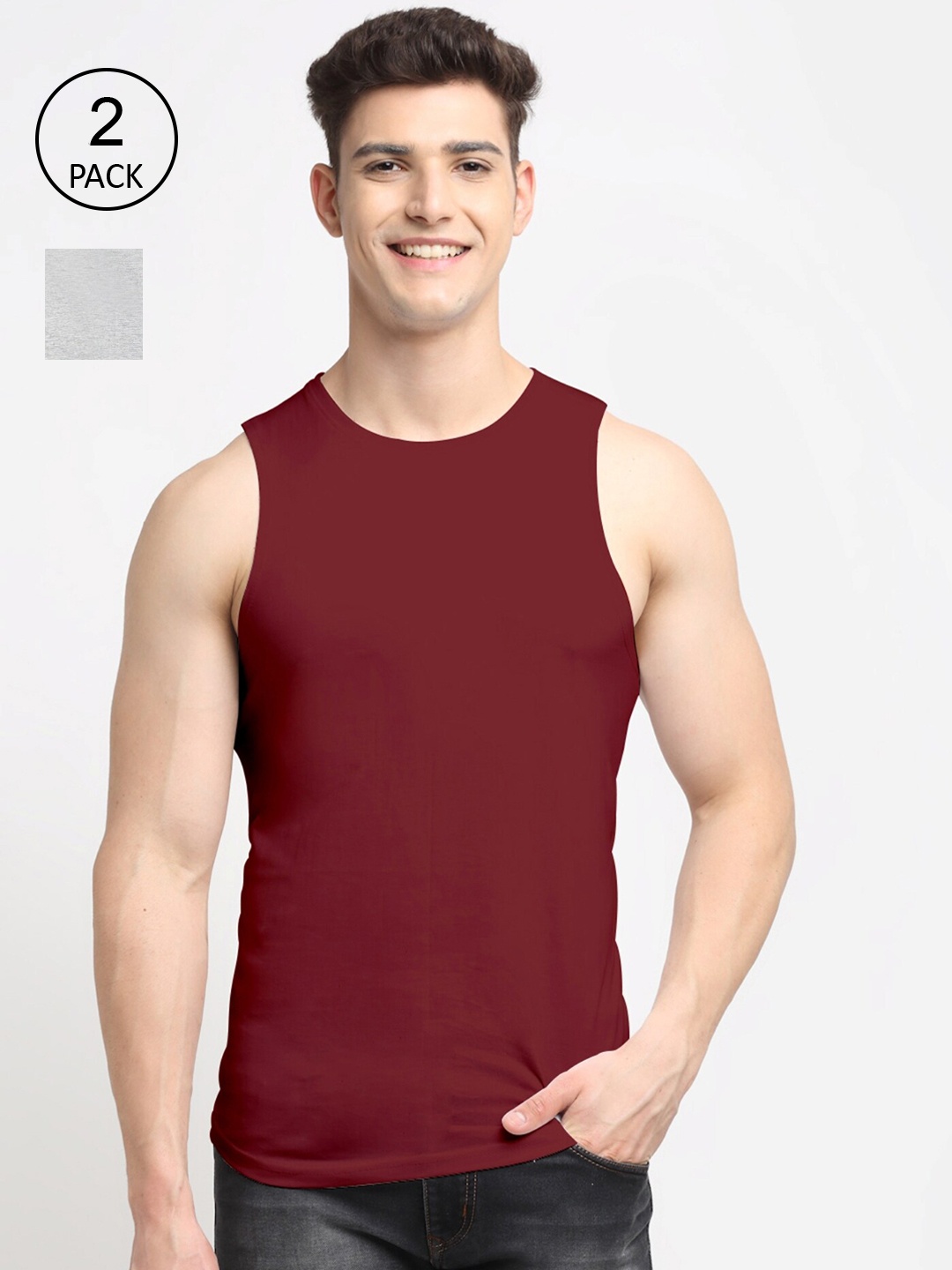 

Friskers Men Pack Of 2 Solid Pure Cotton Innerwear Vests, Grey