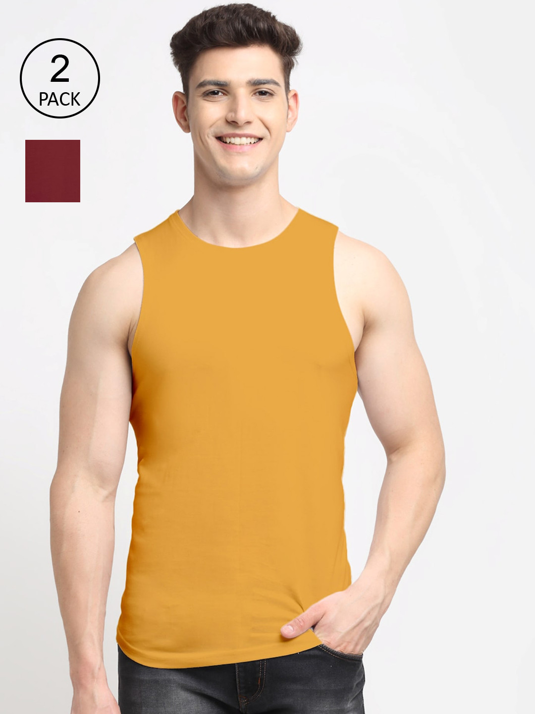 

Friskers Men Pack Of 2 Solid Pure Cotton Apple Cut Innerwear Vests, Maroon