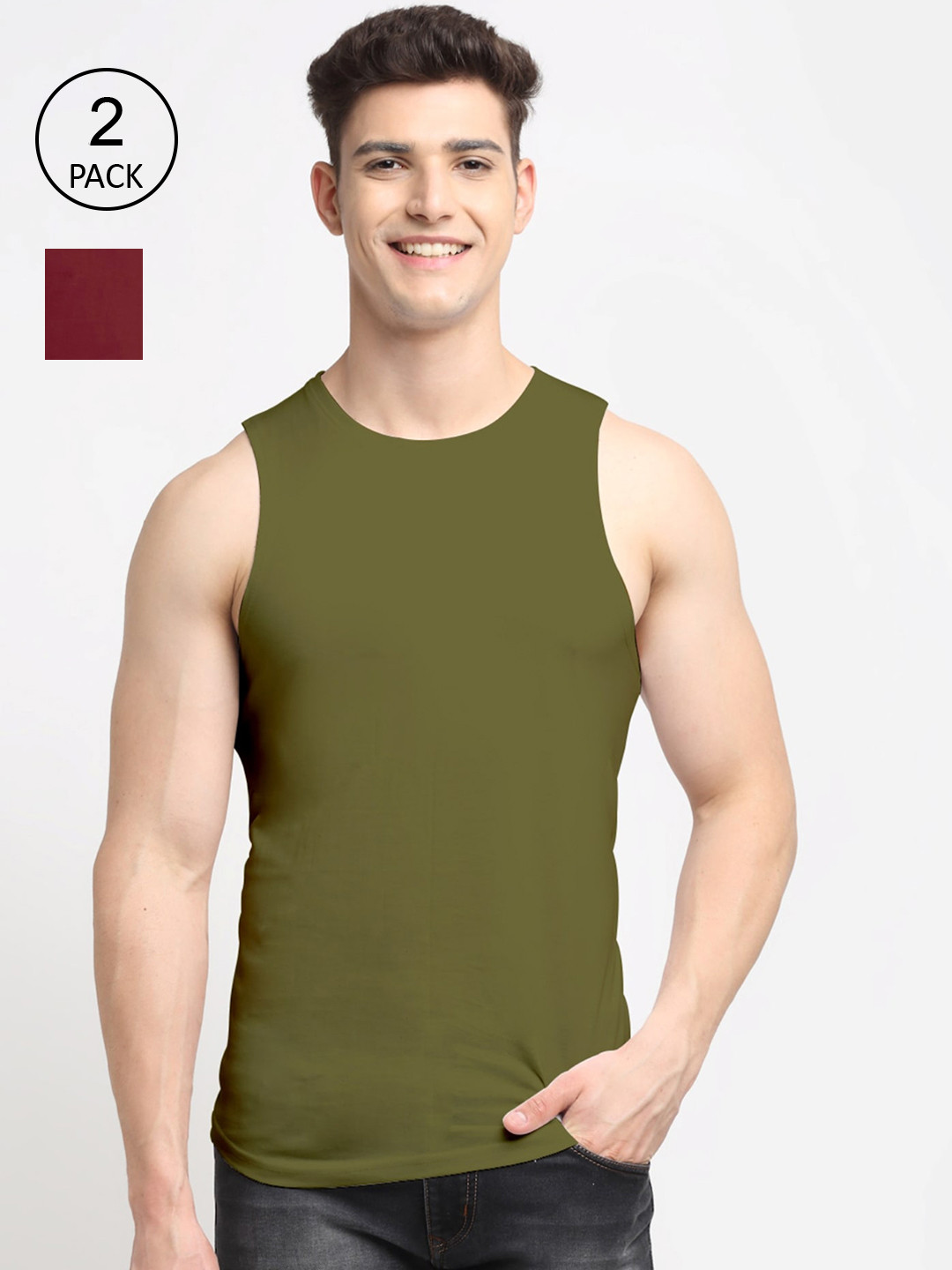 

Friskers Men Pack Of 2 Solid Pure Cotton Innerwear Vest AE-14-34-S, Maroon
