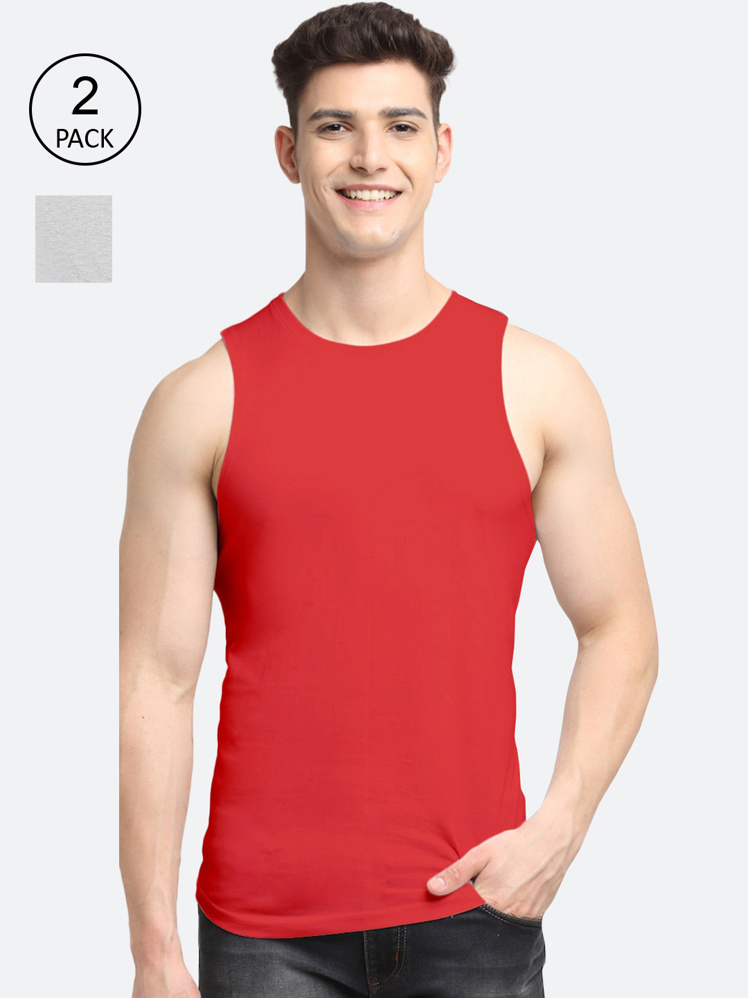 

Friskers Men Pack Of 2 Solid Pure Cotton Apple Cut Innerwear Vests, Red