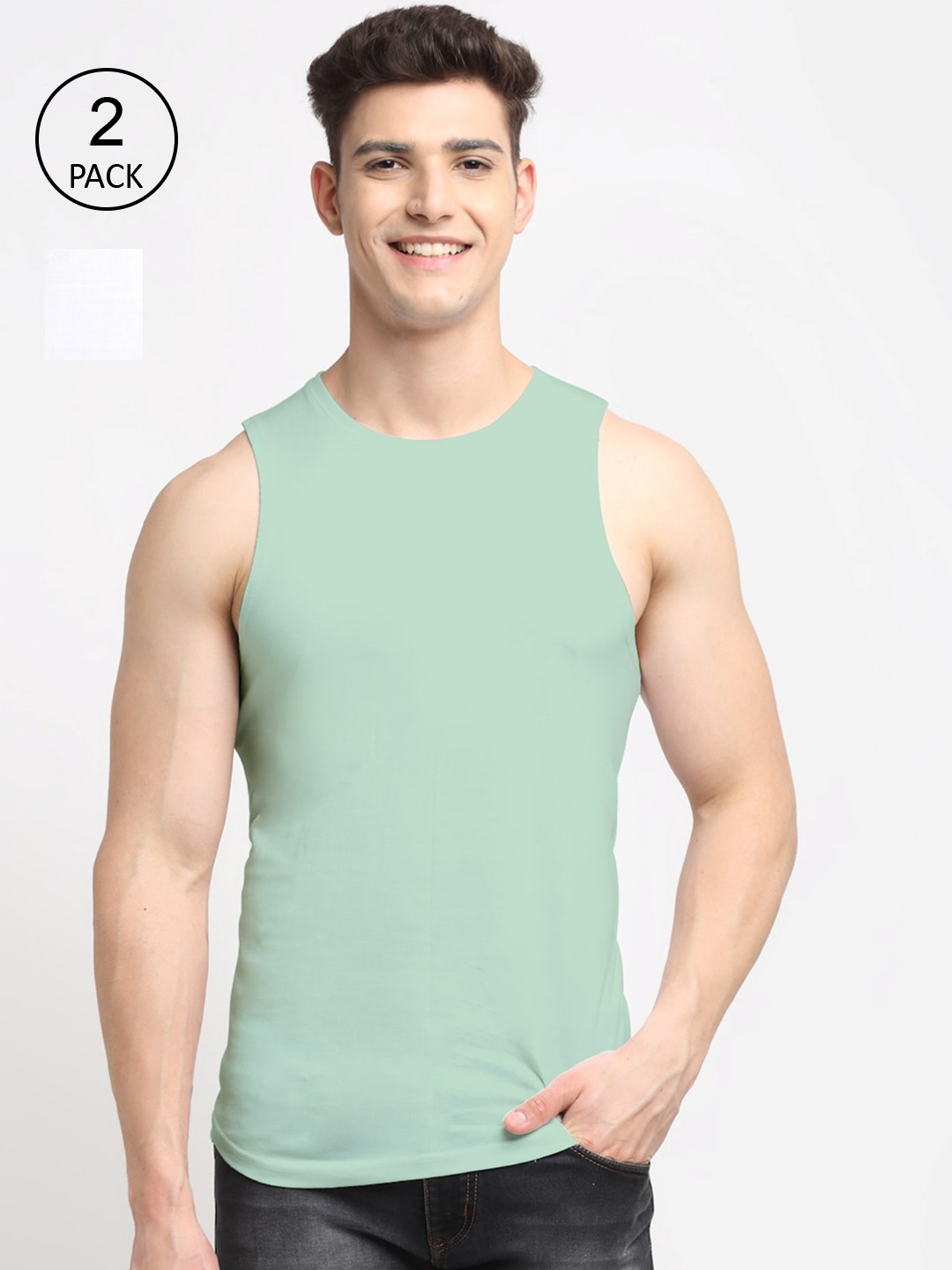 

Friskers Men Pack Of 2 Solid Pure Cotton Apple Cut Innerwear Vests, White