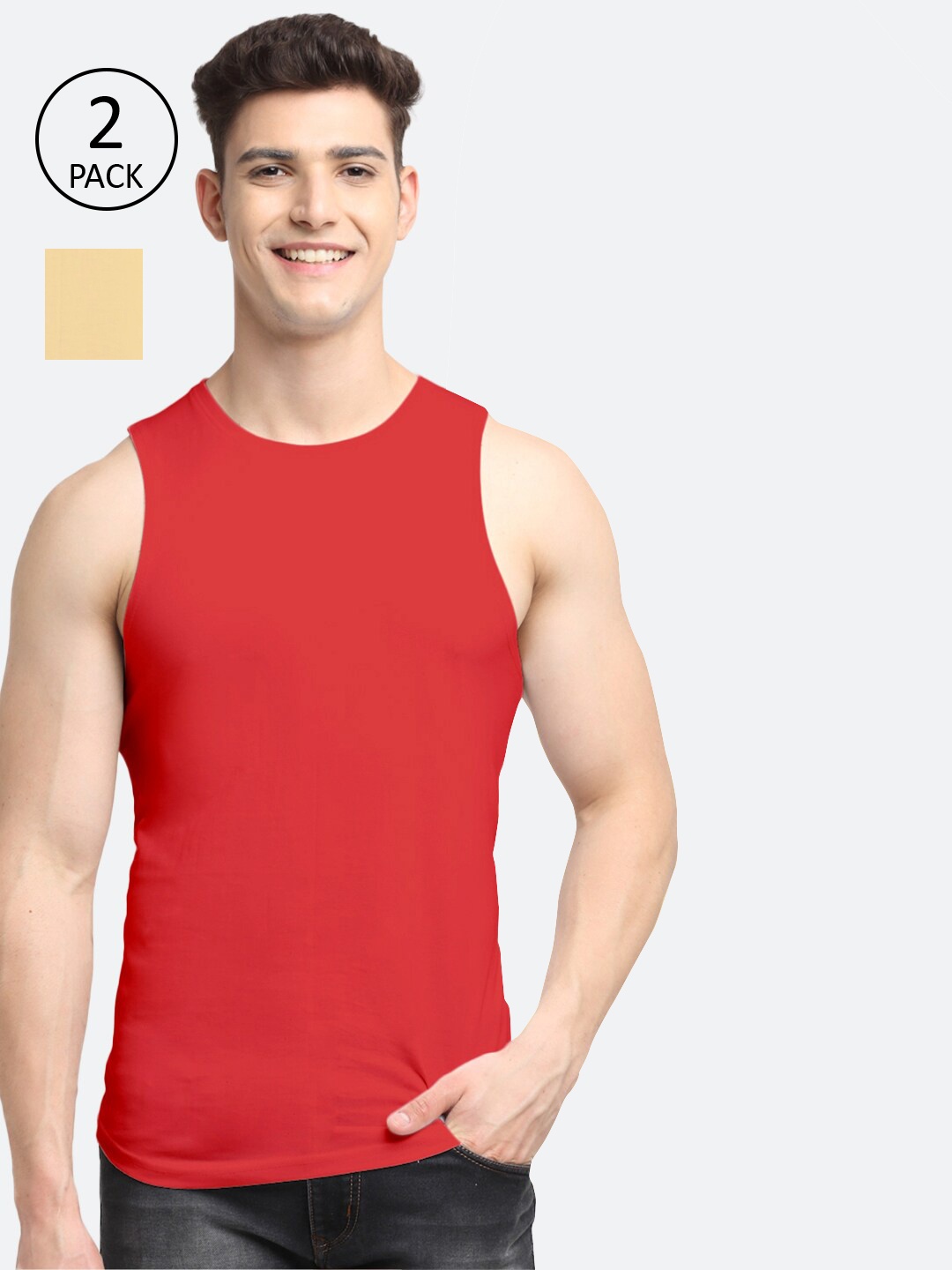 

Friskers Men Pack Of 2 Red & Beige Solid Innerwear Vests