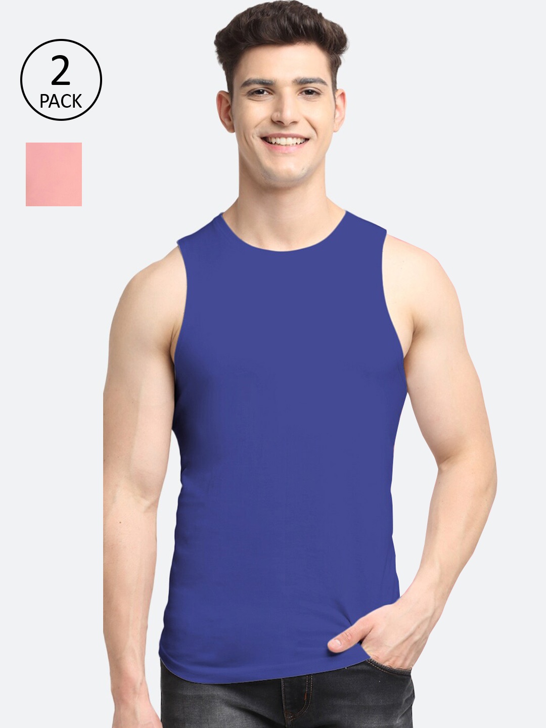 

Friskers Men Pack Of 2 Solid Pure Cotton Gym Innerwear Vest, Blue