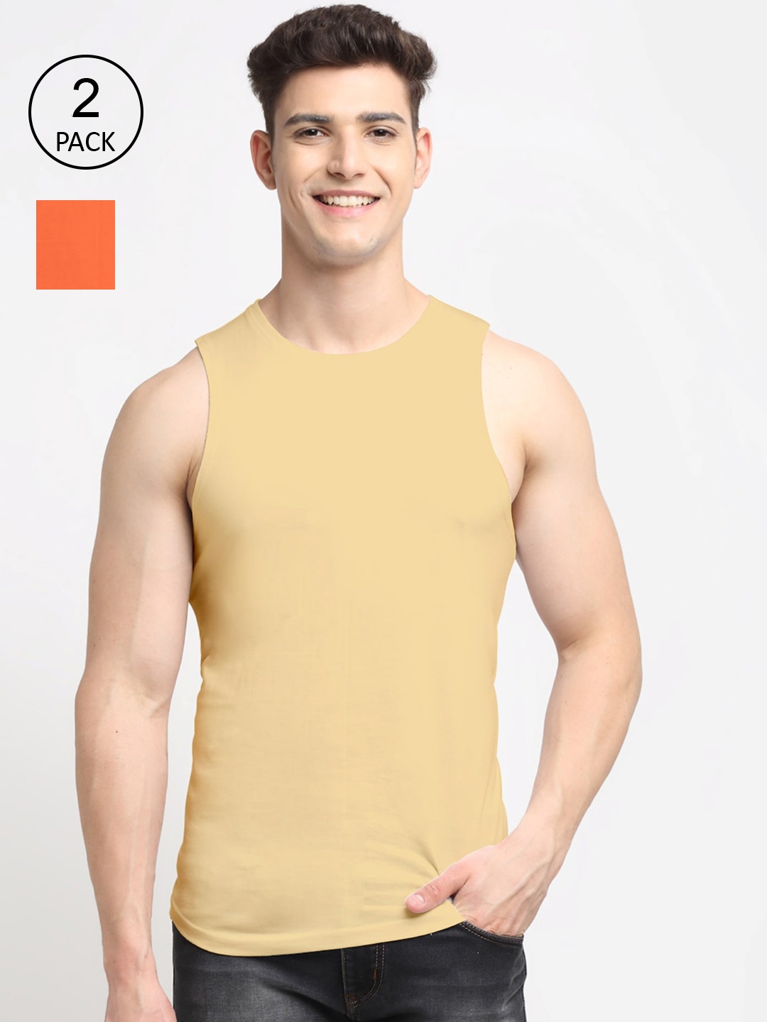 

Friskers Men Pack Of 2 Solid Pure Cotton Innerwear Vest AE-08-09-S, Orange