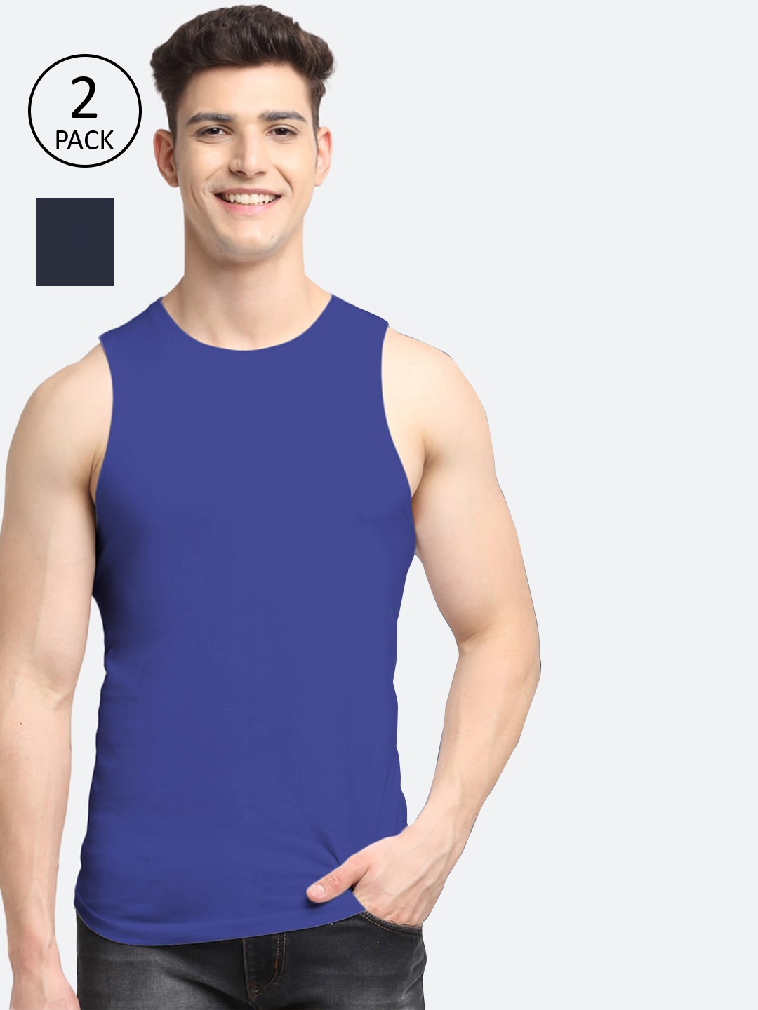 

Friskers Men Pack Of 2 Solid Pure Cotton Apple Cut Innerwear Vests, Blue