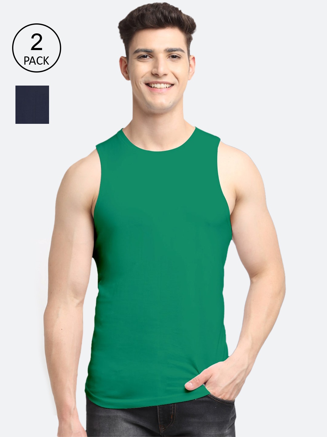 

Friskers Men Pack Of 2 Solid Pure Cotton Apple Cut Innerwear Vests, Green