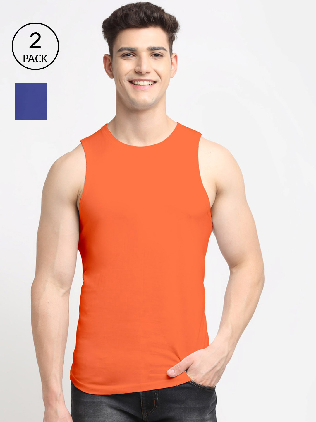 

Friskers Men Pack Of 2 Solid Pure Cotton Apple Cut Innerwear Vests, Blue