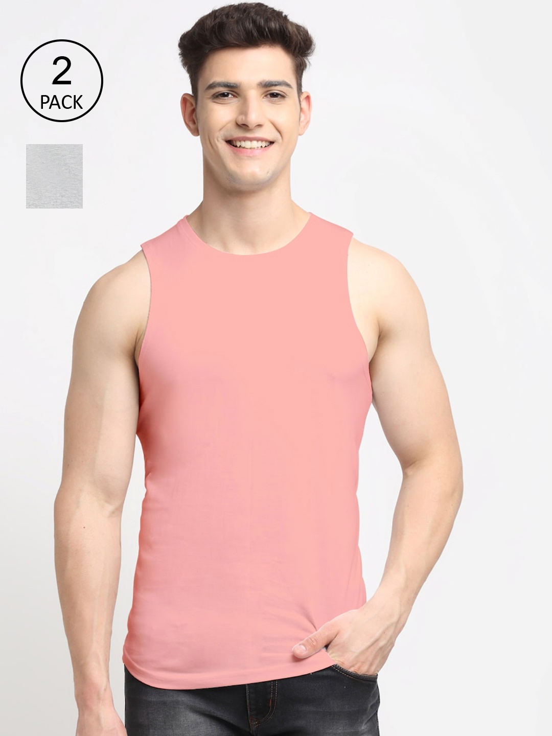 

Friskers Men Pack of 2 Solid Pure Cotton Innerwear Vest, Grey
