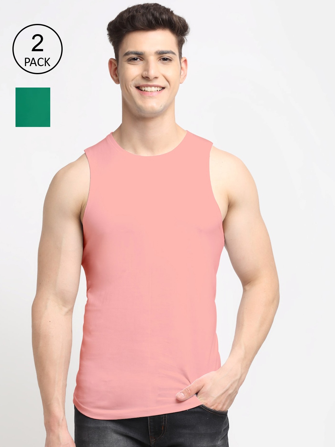 

Friskers Men Pack Of 2 Solid Pure Cotton Apple Cut Innerwear Vests, Green