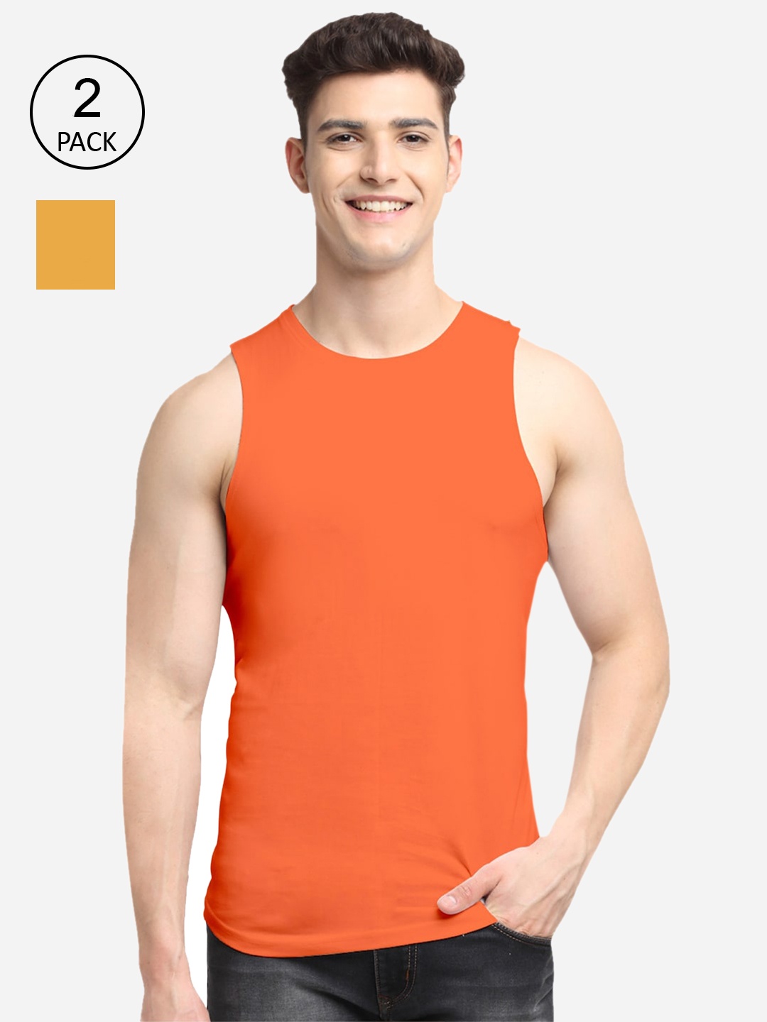 

Friskers Men Pack Of 2 Orange & Mustard Solid Cotton Innerwear Vests