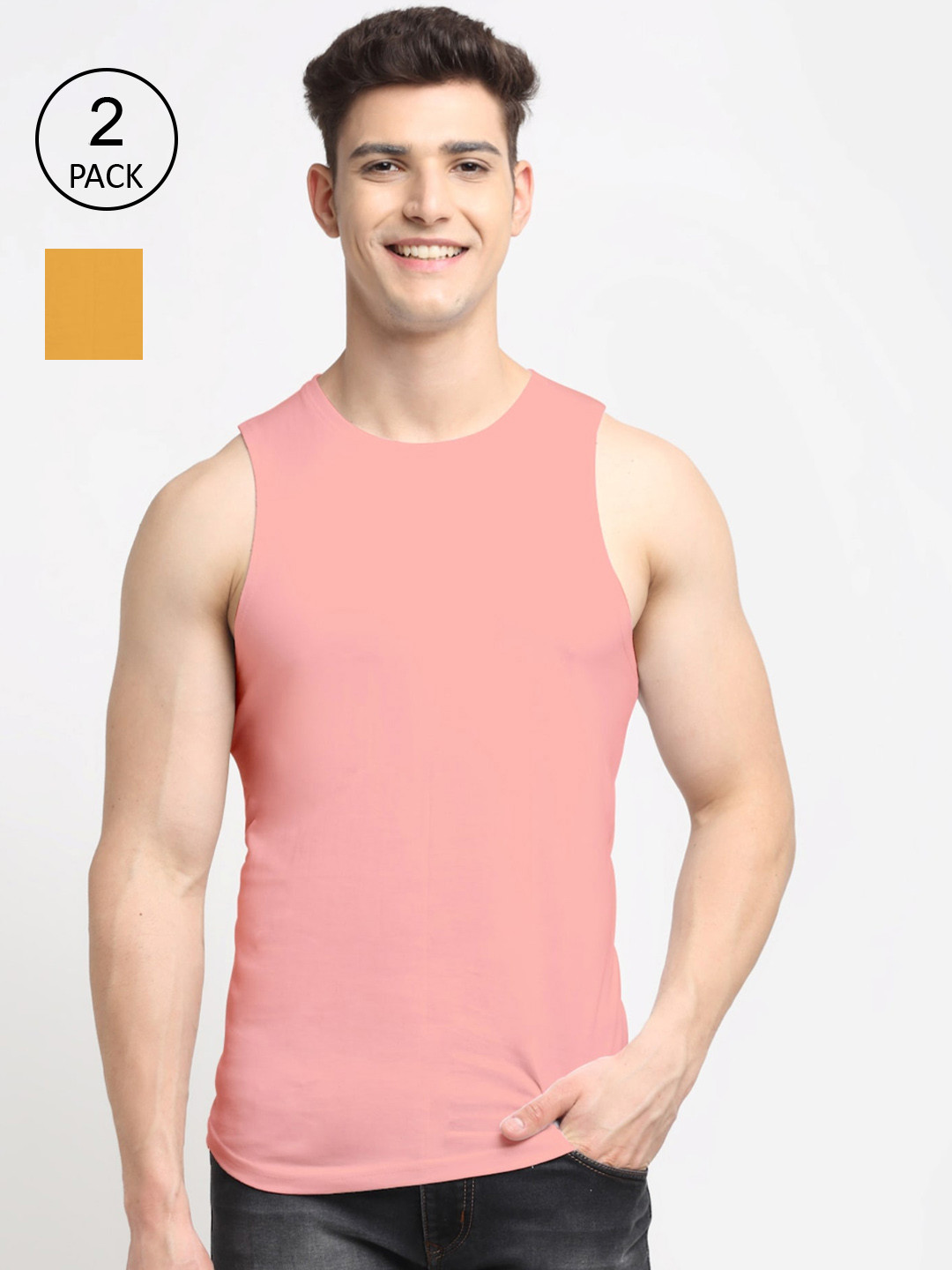 

Friskers Men Pack Of 2 Solid Pure Cotton Apple Cut Innerwear Vests, Gold
