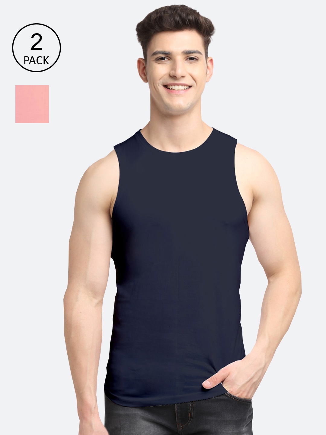 

Friskers Men Pack Of 2 Solid Pure Cotton Apple Cut Innerwear Vests, Navy blue