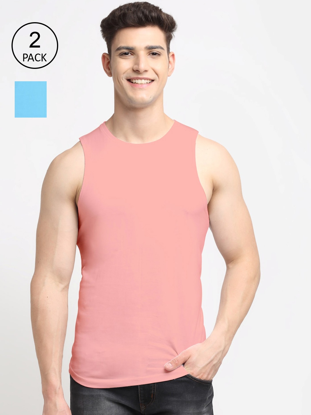 

Friskers Men Pack Of 2 Turquiose Blue & Coral Solid Innerwear Vests, Turquoise blue
