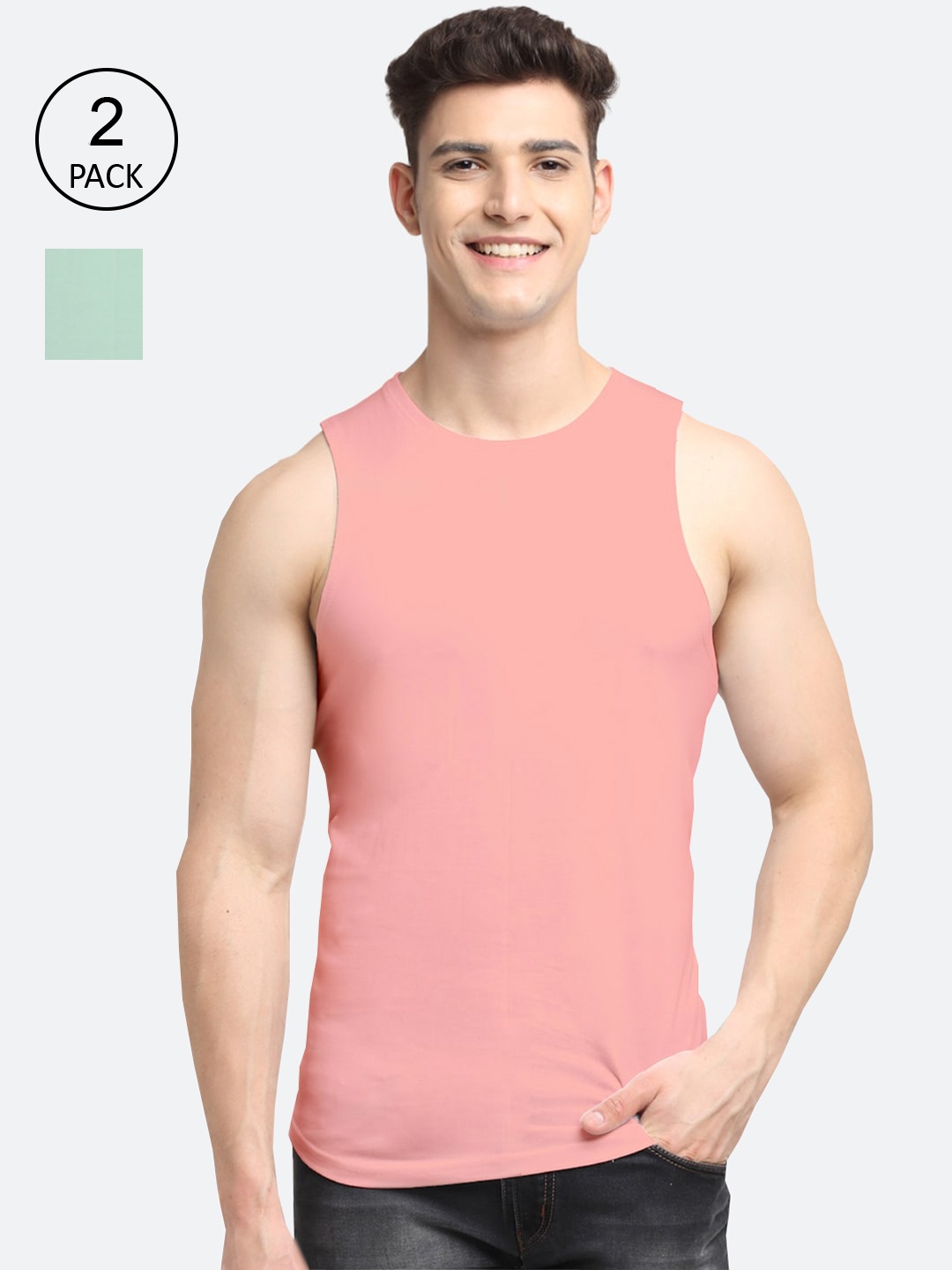 

Friskers Men Pack Of 2 Solid Pure Cotton Innerwear Gym Vests, Coral