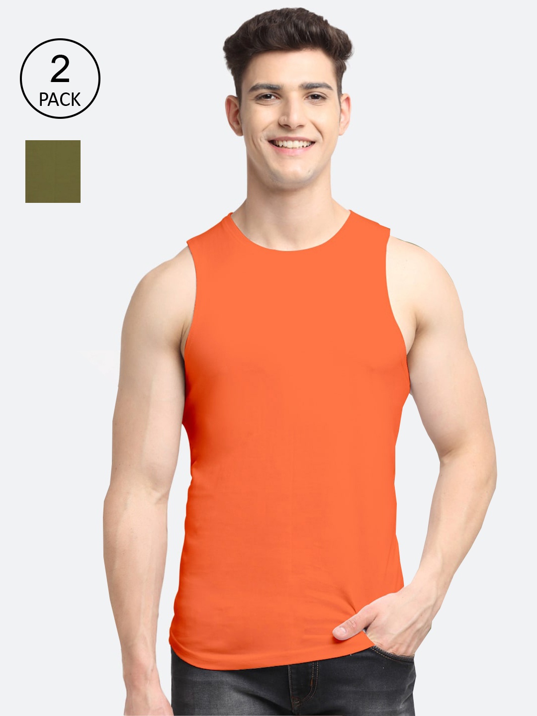 

Friskers Men Pack Of 2 Solid Pure Cotton Innerwear Vest, Orange