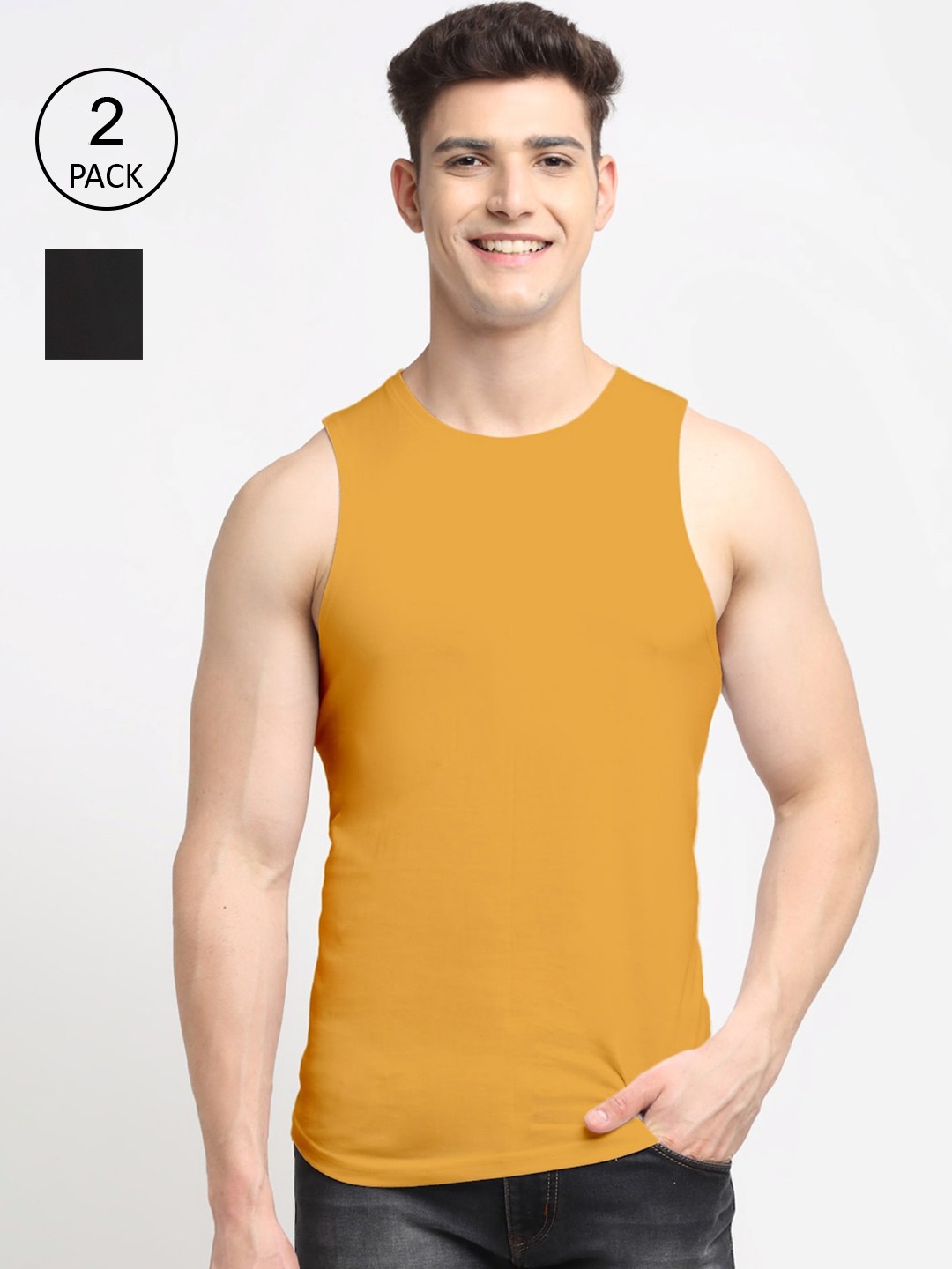 

Friskers Men Pack Of 2 Solid Pure Cotton Gym Vests, Black